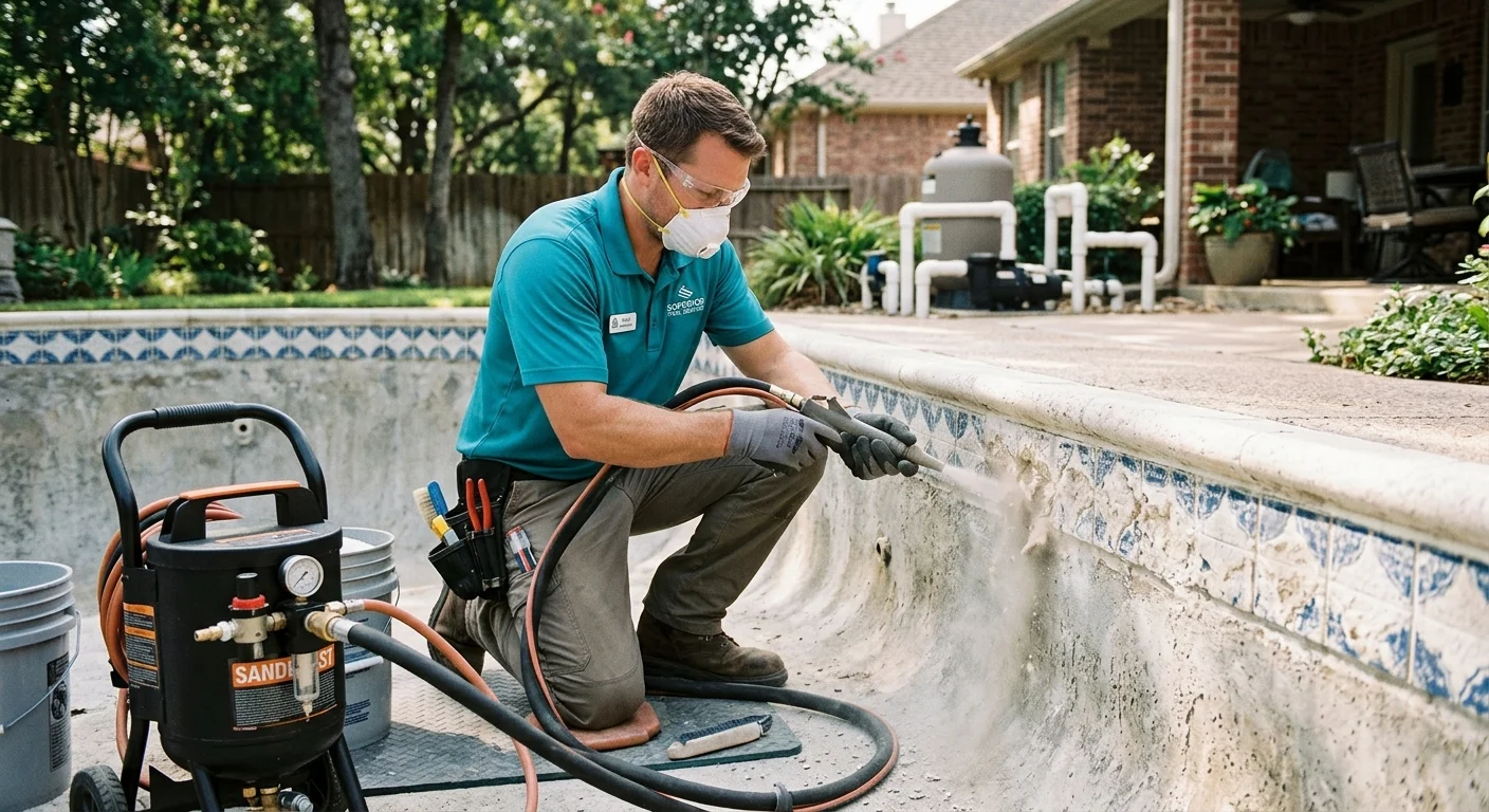 Technician bead blasting calcium scale from pool tile
