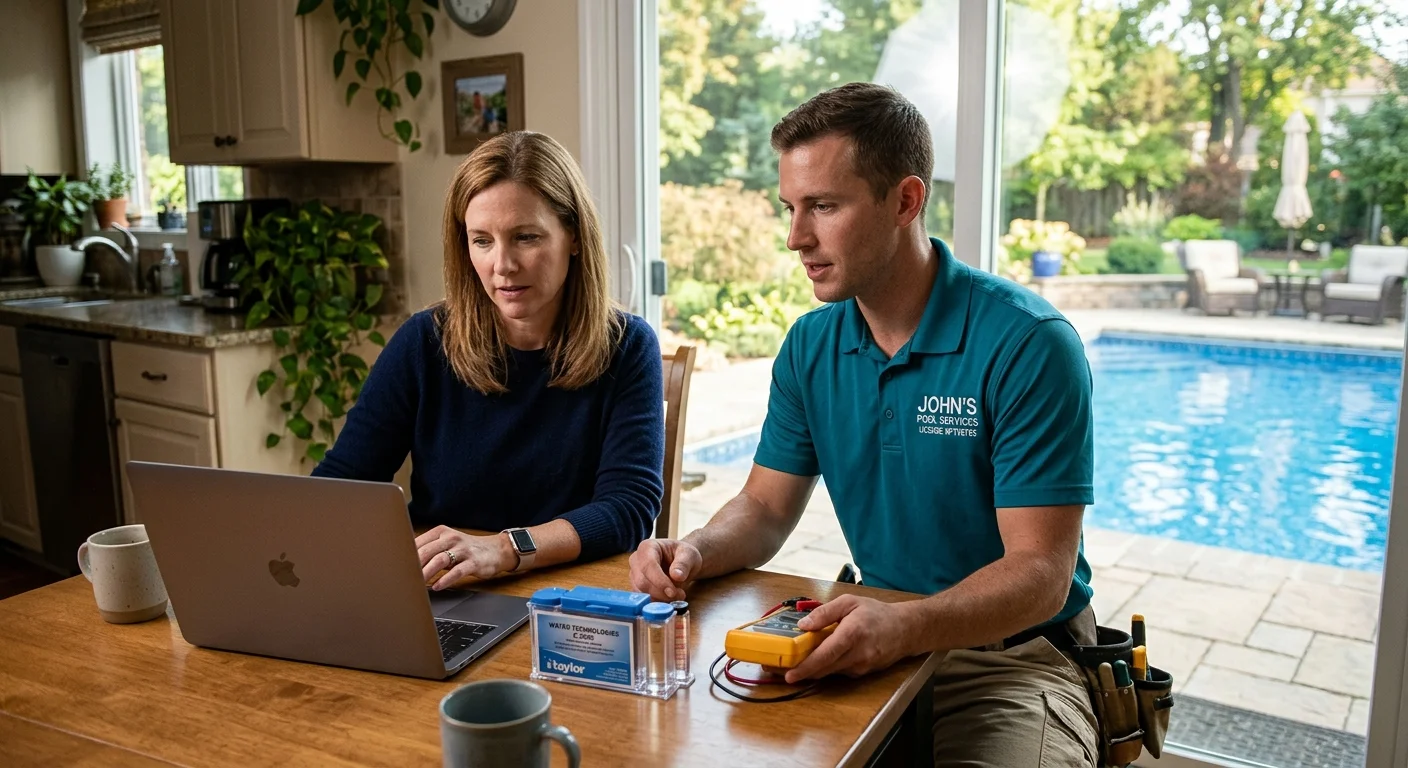 Homeowner checking a pool contractor licence on a laptop at a kitchen table