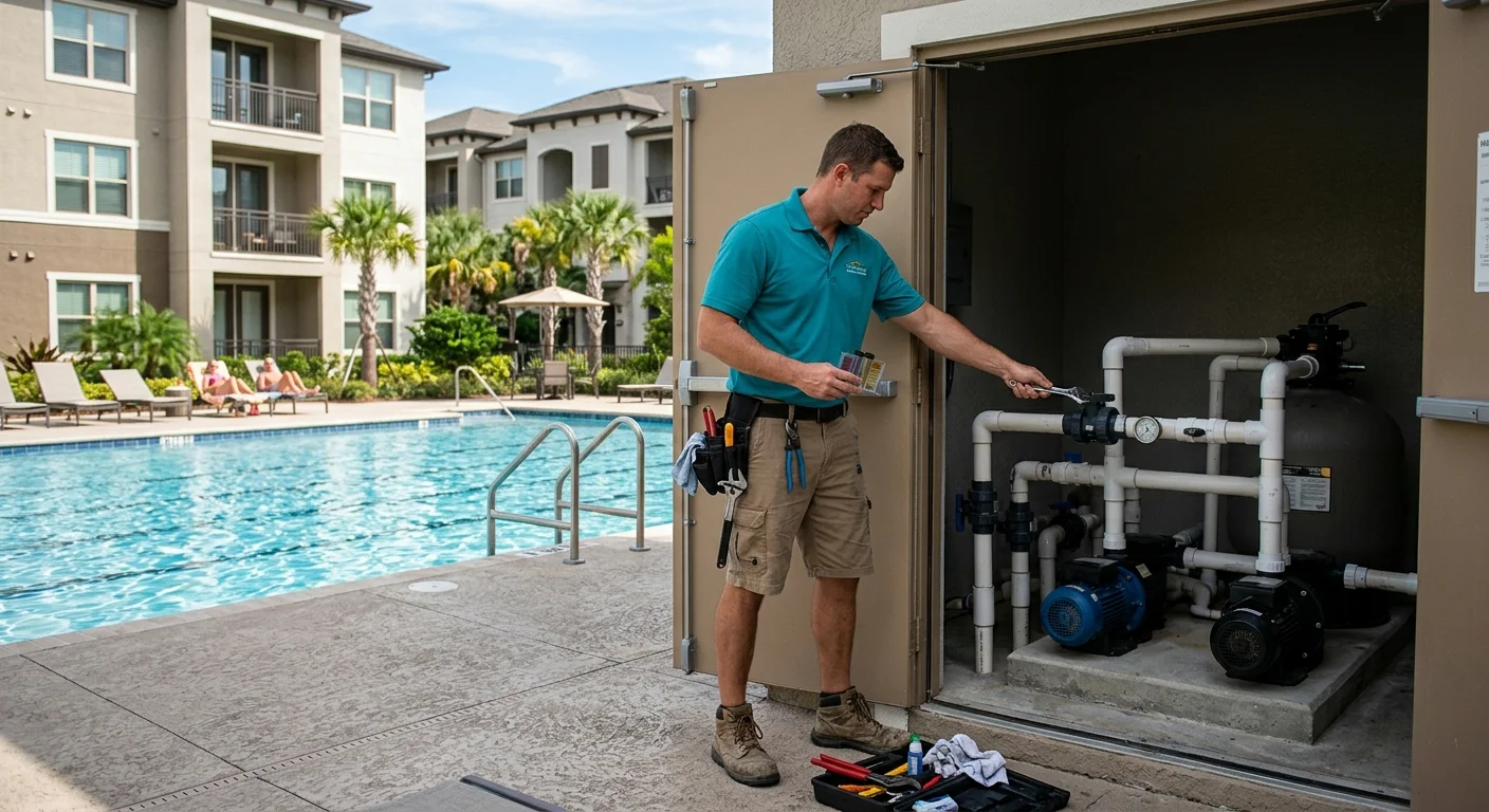 Commercial apartment pool beside an open pump equipment room
