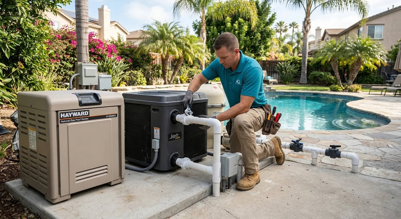Gas pool heater and heat pump on a San Diego backyard equipment pad beside a pool