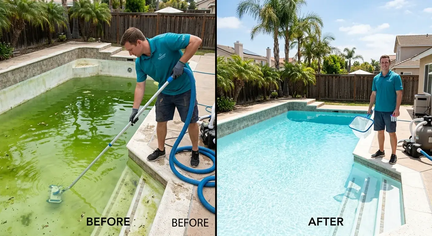 A pool specialist assessing a green, algae-clouded backyard swimming pool in San Diego before starting a professional cleanup