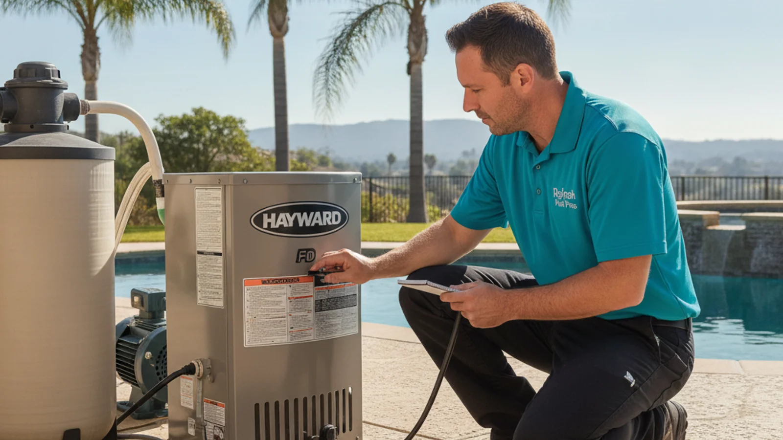 A pool repair technician in San Diego crouched beside a Hayward gas pool heater on a backyard equipment pad, reading the control display