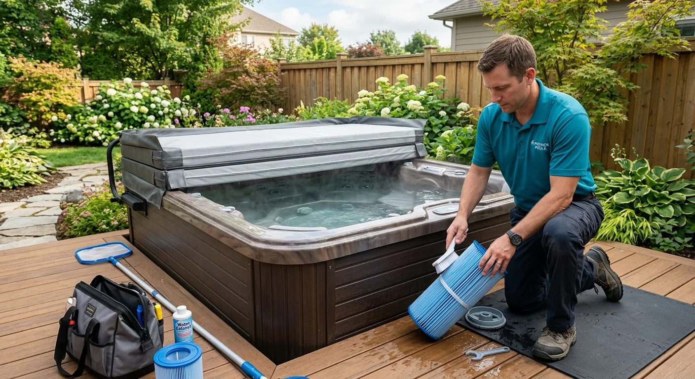 Backyard hot tub with its cover open and filter cartridge nearby