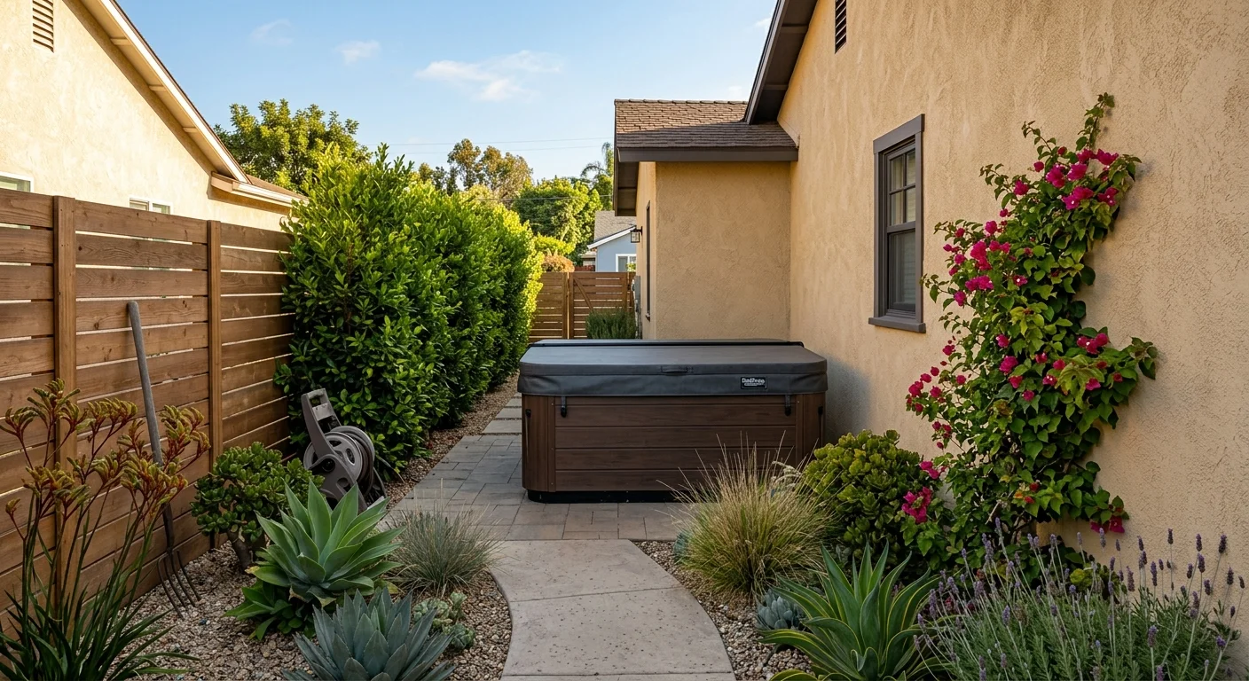 Closed backyard hot tub on a San Diego pad with a narrow side yard and stucco house behind it