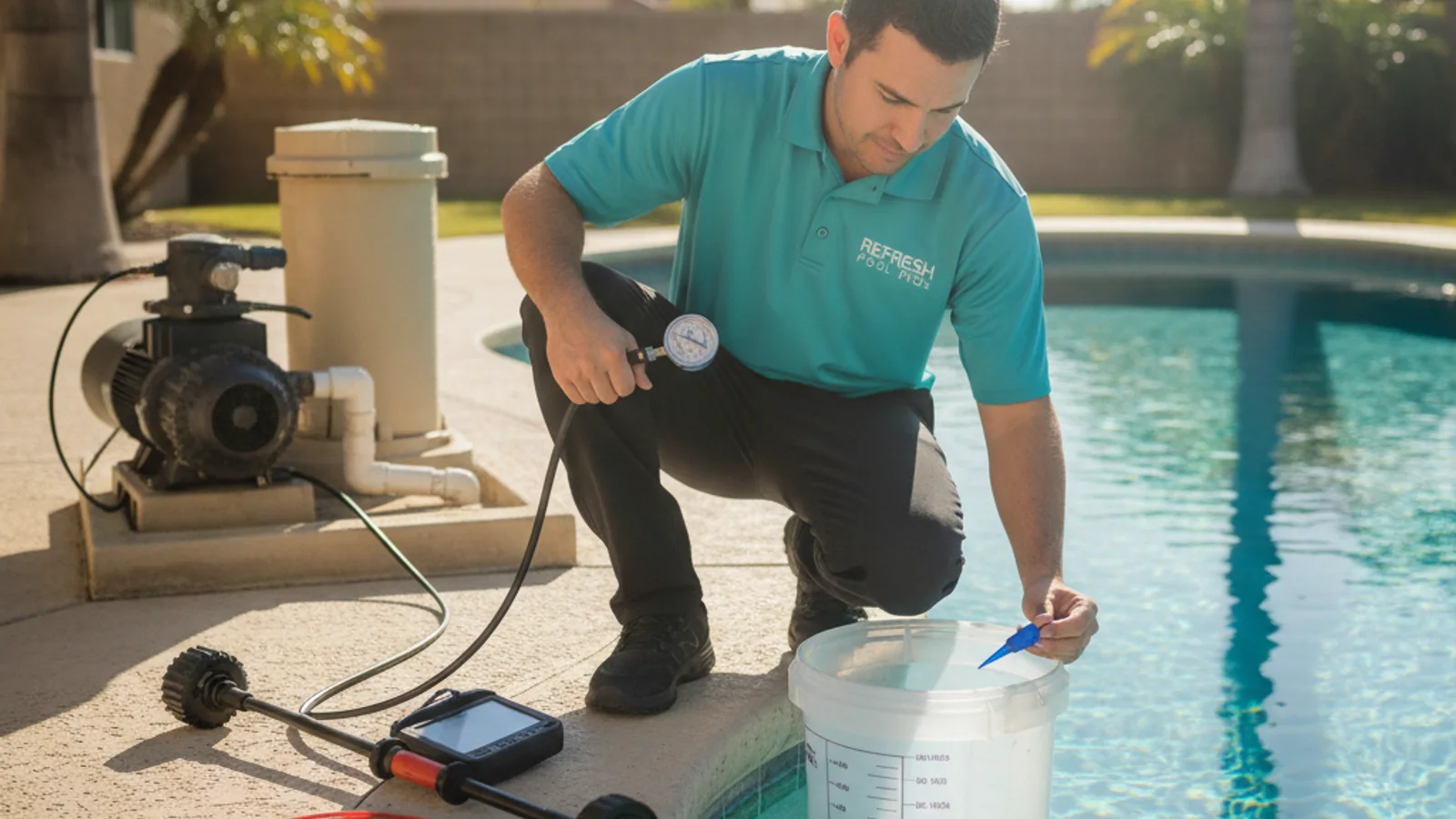 A pool repair technician crouched at the edge of a backyard swimming pool in San Diego, using an electronic leak detection microphone probe near a submerged return line fitting