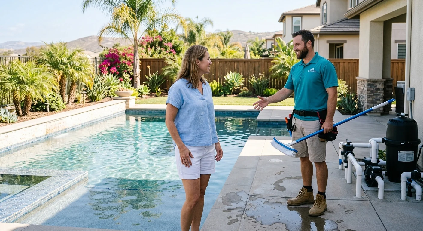 Homeowner speaking with a pool service professional beside a San Diego pool