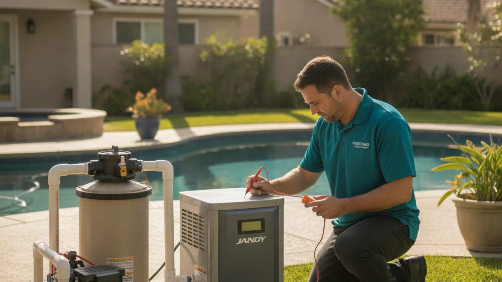 A pool repair technician in San Diego inspecting a compact Jandy JXi gas heater on a backyard equipment pad