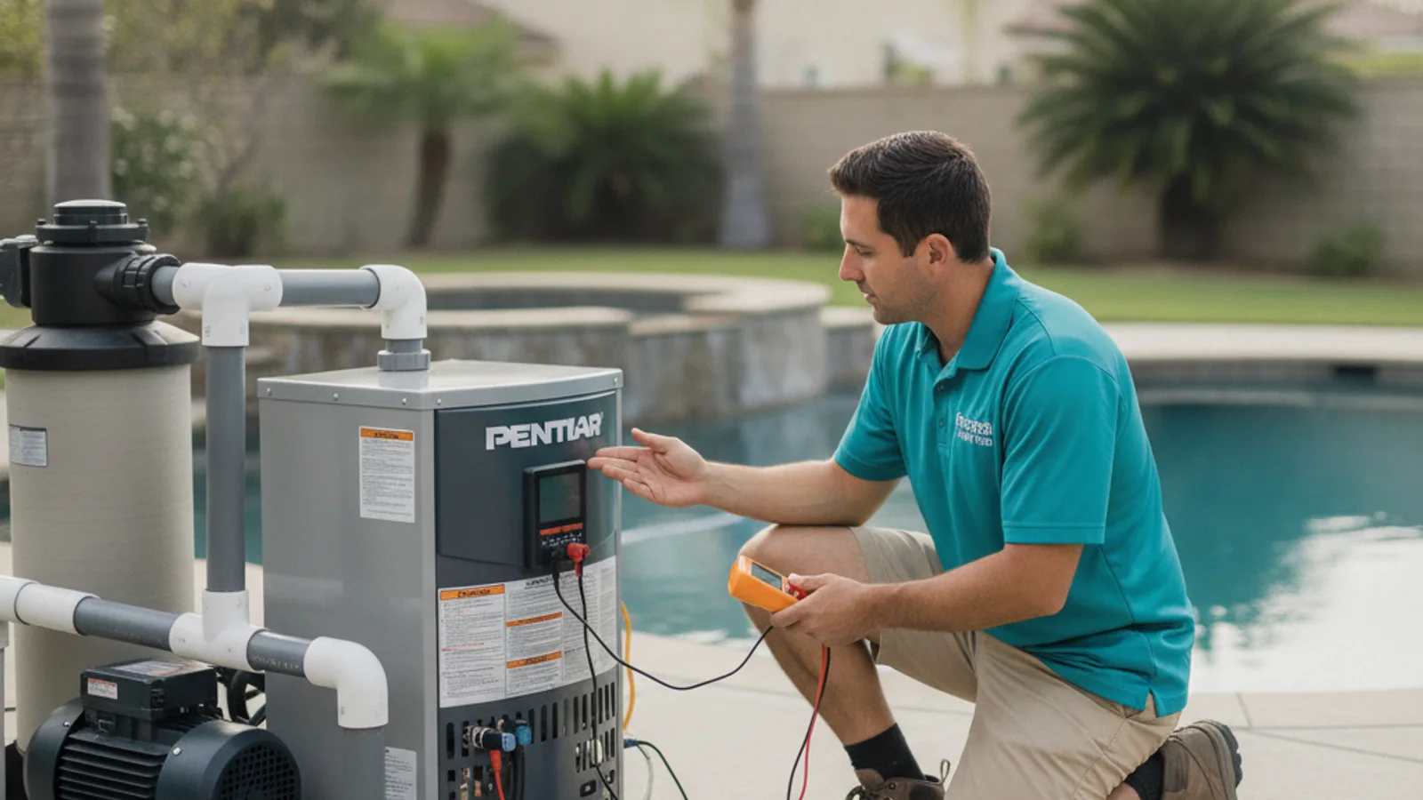 A pool repair technician in San Diego inspecting a compact gas pool heater control panel on a backyard equipment pad