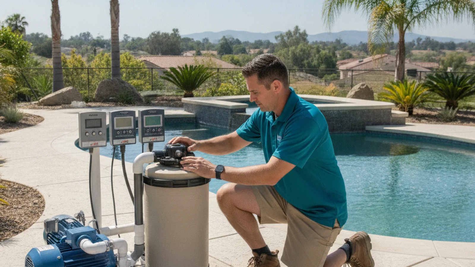 A pool equipment pad in a San Diego backyard with a variable-speed pump, cartridge filter, and heater connected by PVC plumbing, midday light