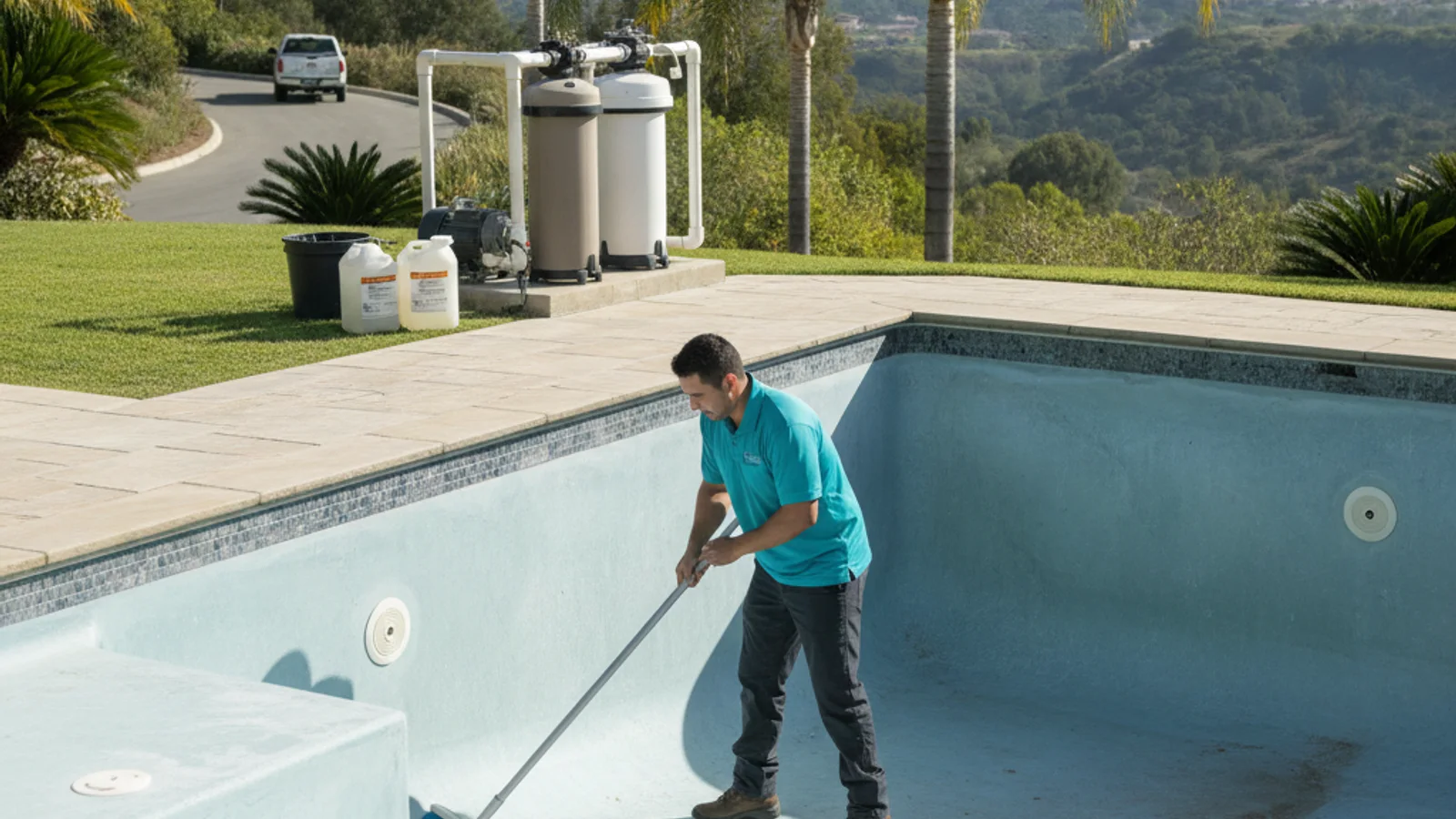 A pool technician rinsing acid solution off the drained plaster floor of a stained San Diego pool, with calcium scale visible along the waterline