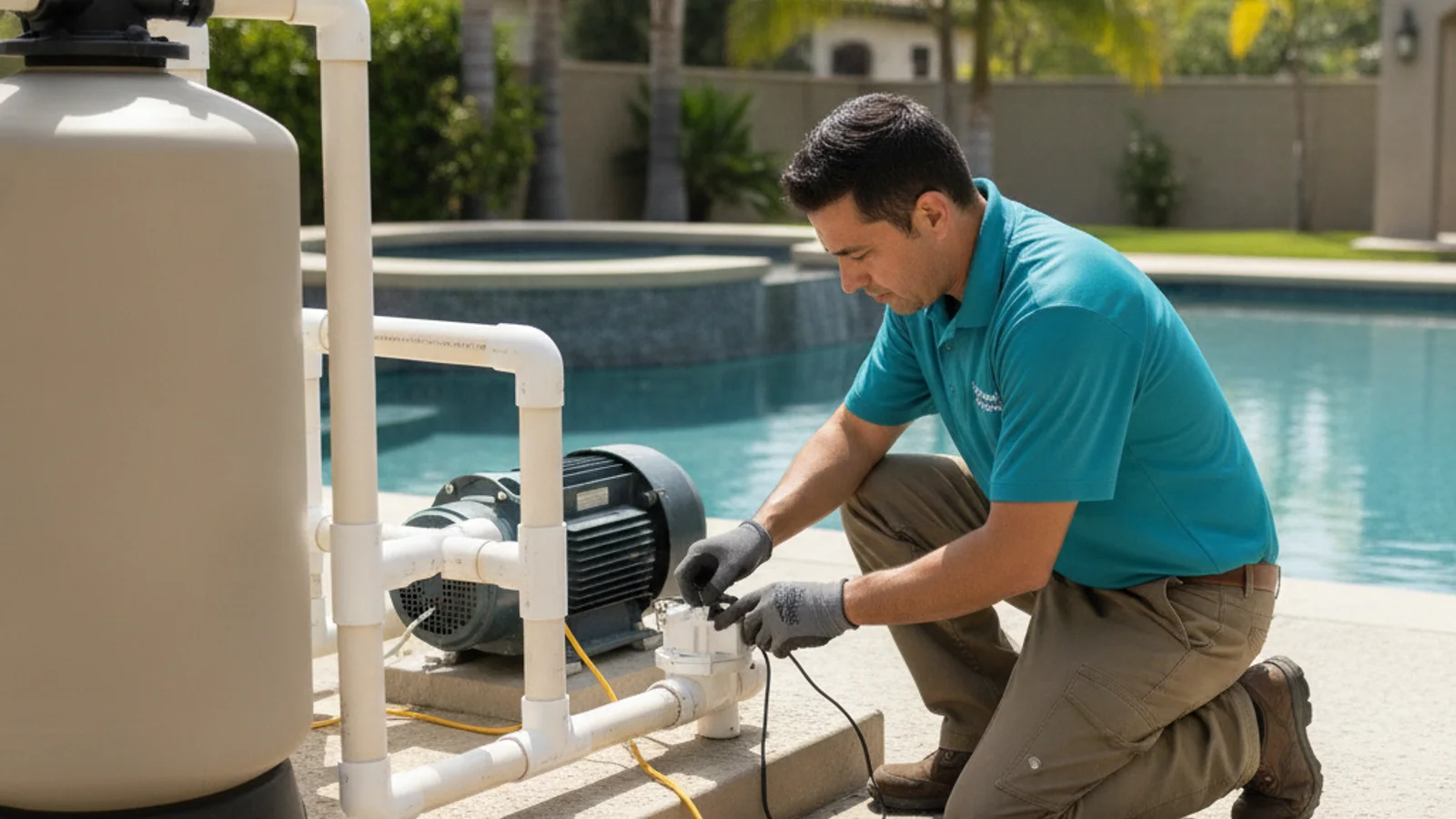 A 24-volt pool valve actuator mounted on a three-way diverter valve on a San Diego backyard equipment pad