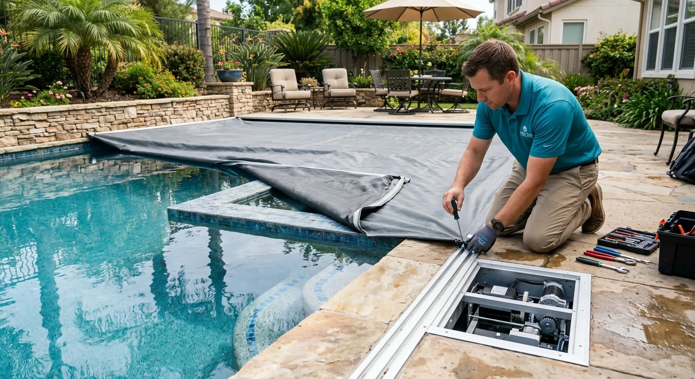 Automatic pool cover partly retracted with its track and housing visible
