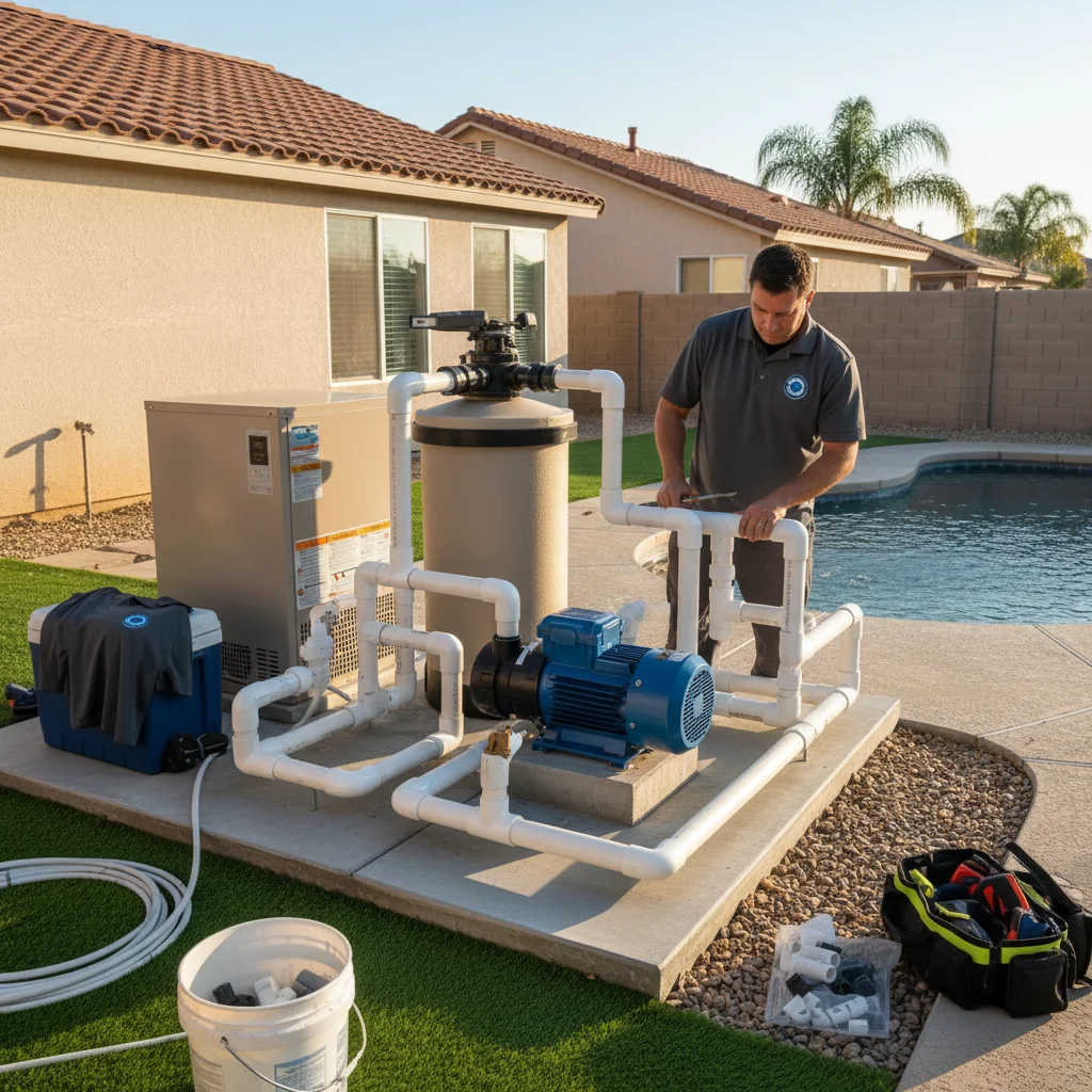 A wet San Diego pool equipment pad with a puddle under the pump and filter suggesting a leaking fitting