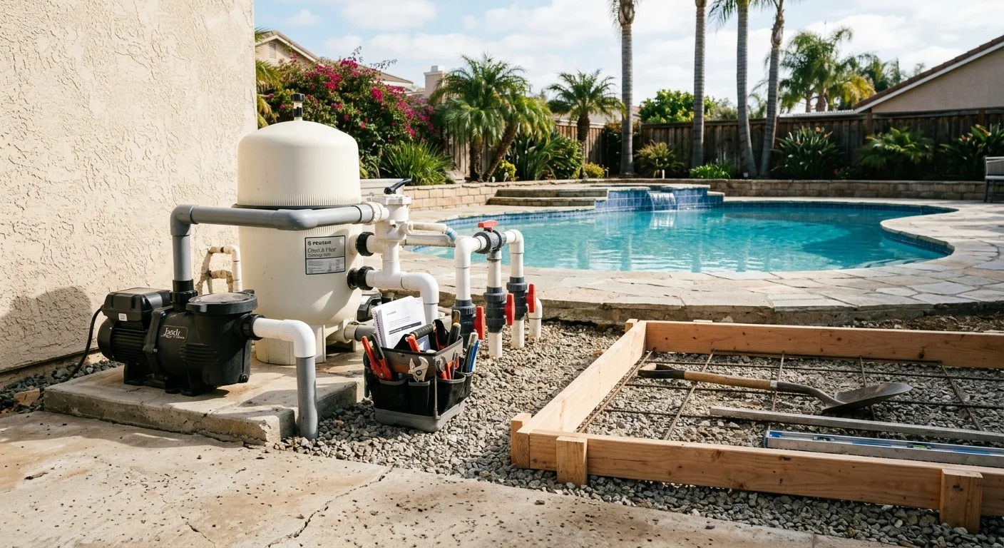 Pool pump and filter staged off an old San Diego equipment slab with a new pad forming nearby
