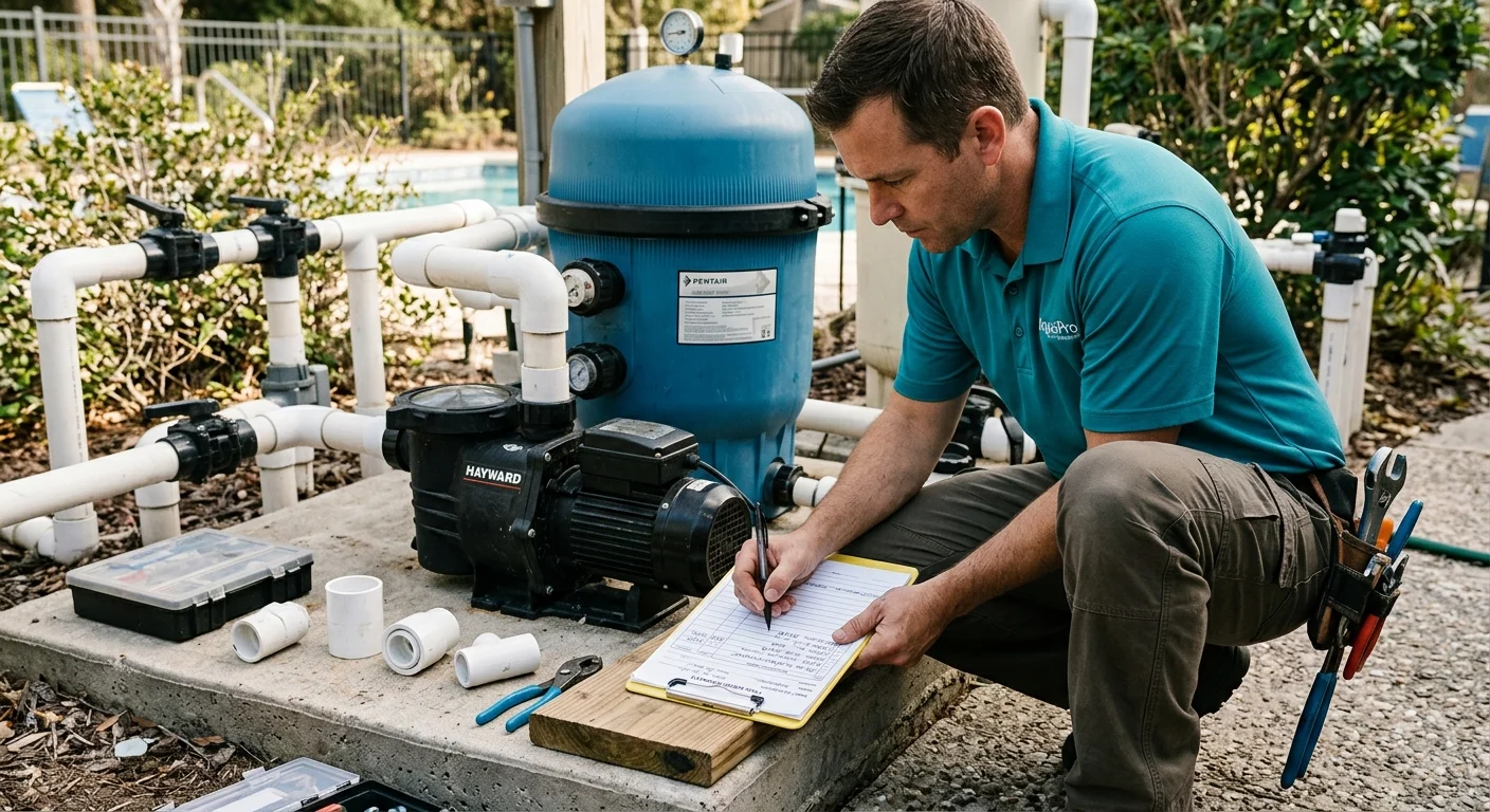 Written repair estimate on a clipboard beside pool equipment