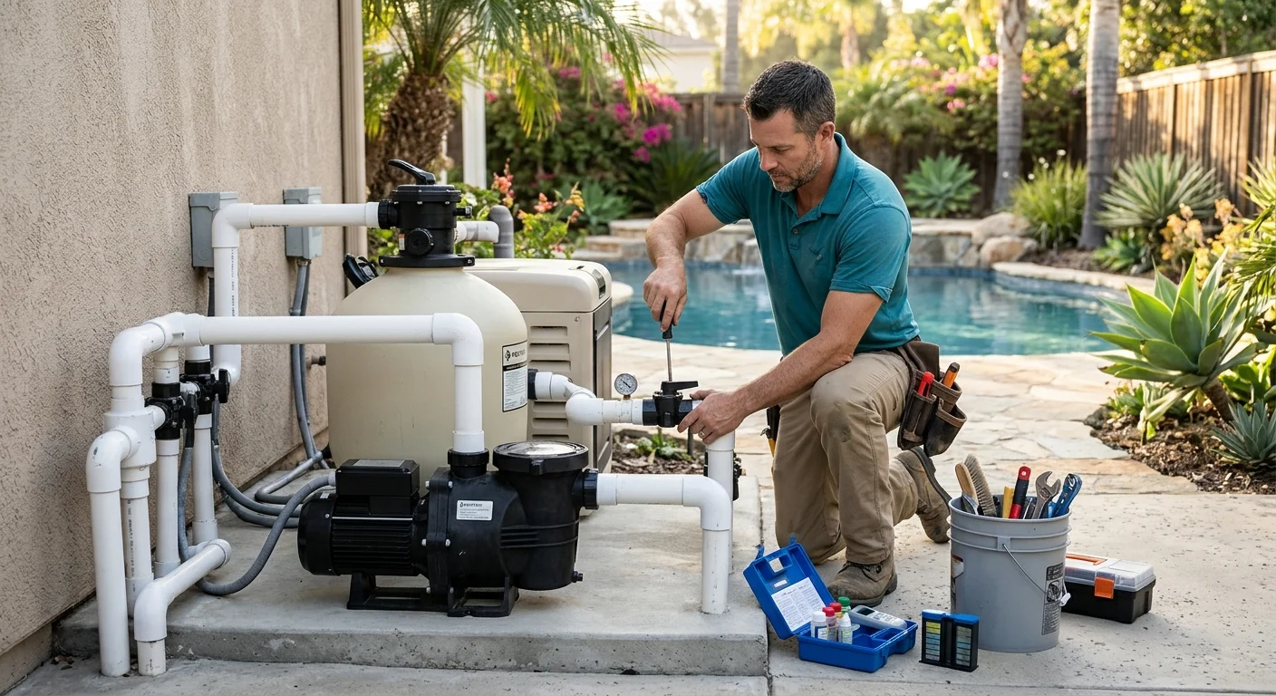 San Diego backyard pool equipment pad with pump, filter, and heater in morning light