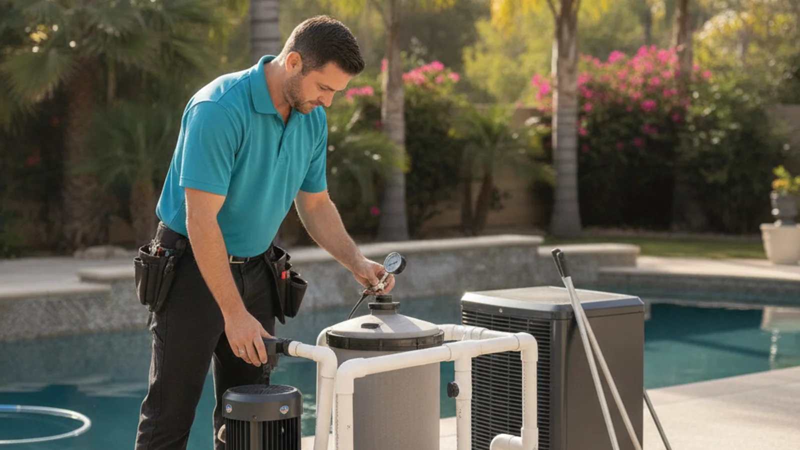 A pool technician kneeling beside an open equipment pad in a San Diego backyard, inspecting a variable-speed pump and cartridge filter connected by PVC plumbing in afternoon light