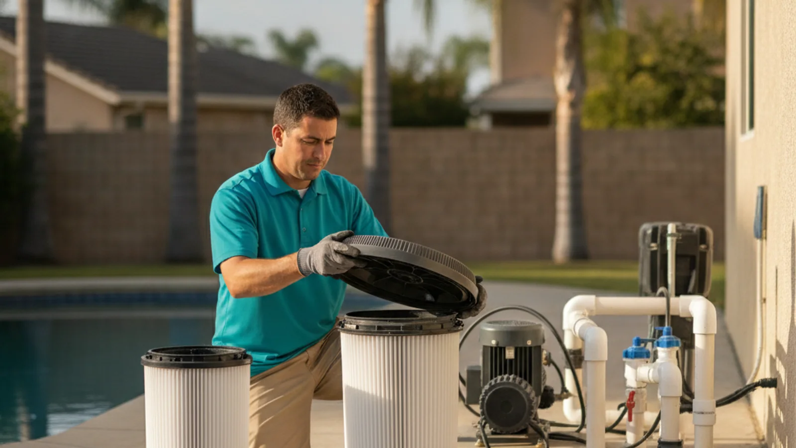 A pool technician lifting the lid off a cartridge filter at a San Diego backyard equipment pad to replace the worn filter element