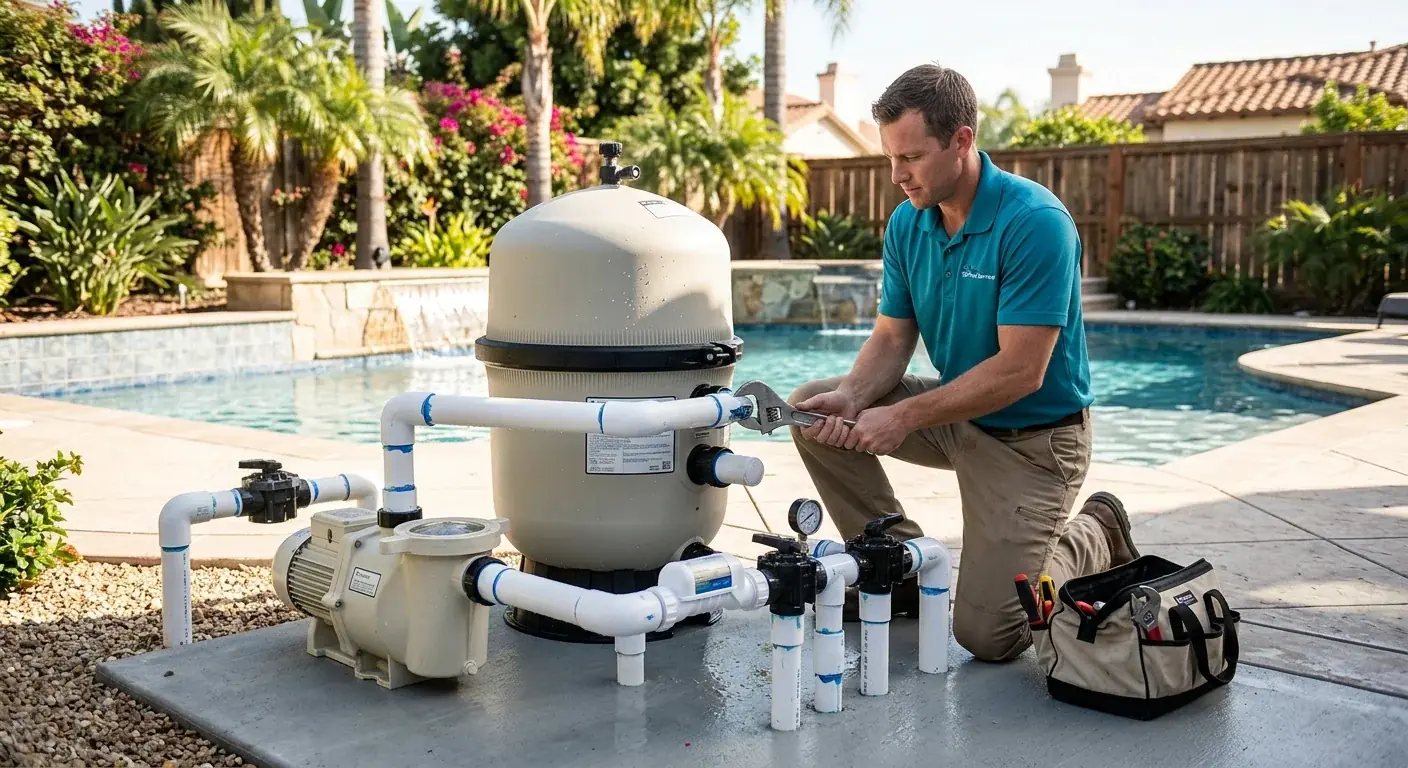 Technician working on a pool filter and pump beside a residential San Diego backyard pool