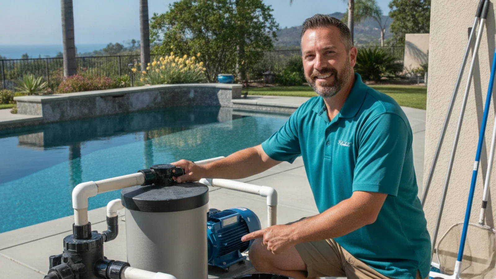 Round pool filter tank with a multiport valve on a San Diego backyard equipment pad next to a pump