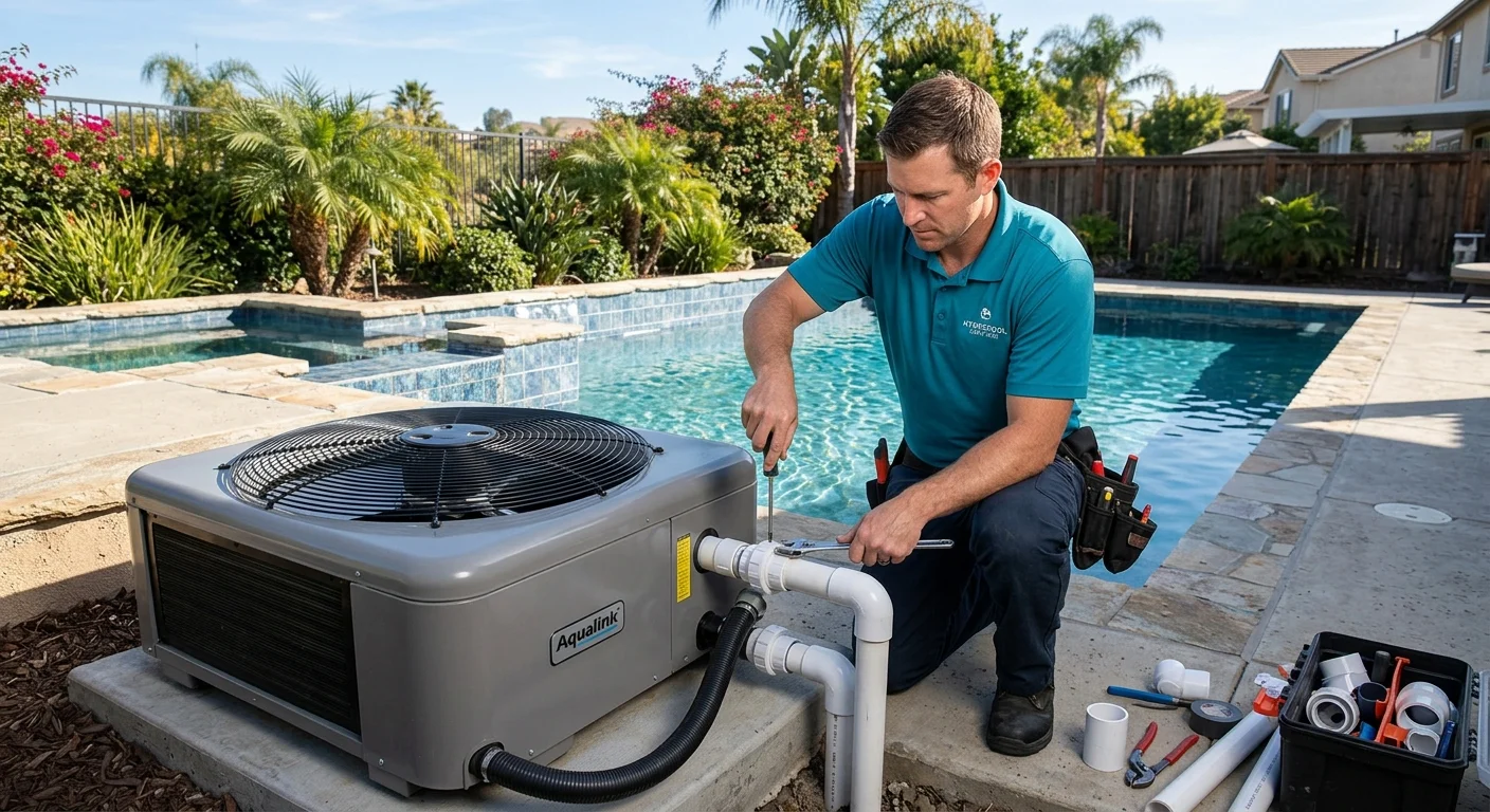 Pool heat pump beside a San Diego backyard pool