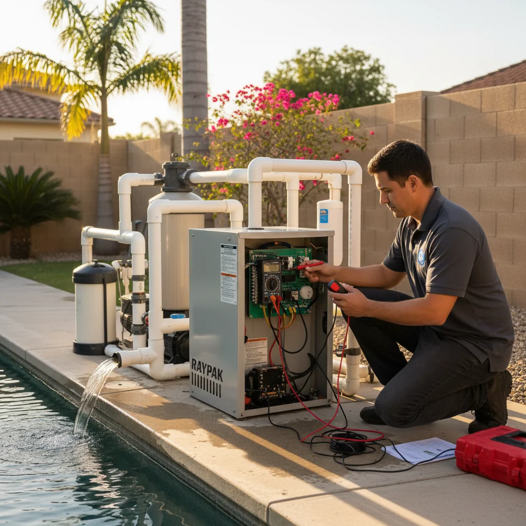 A natural-gas pool heater on a San Diego equipment pad with its access panel open for diagnosis by a repair technician