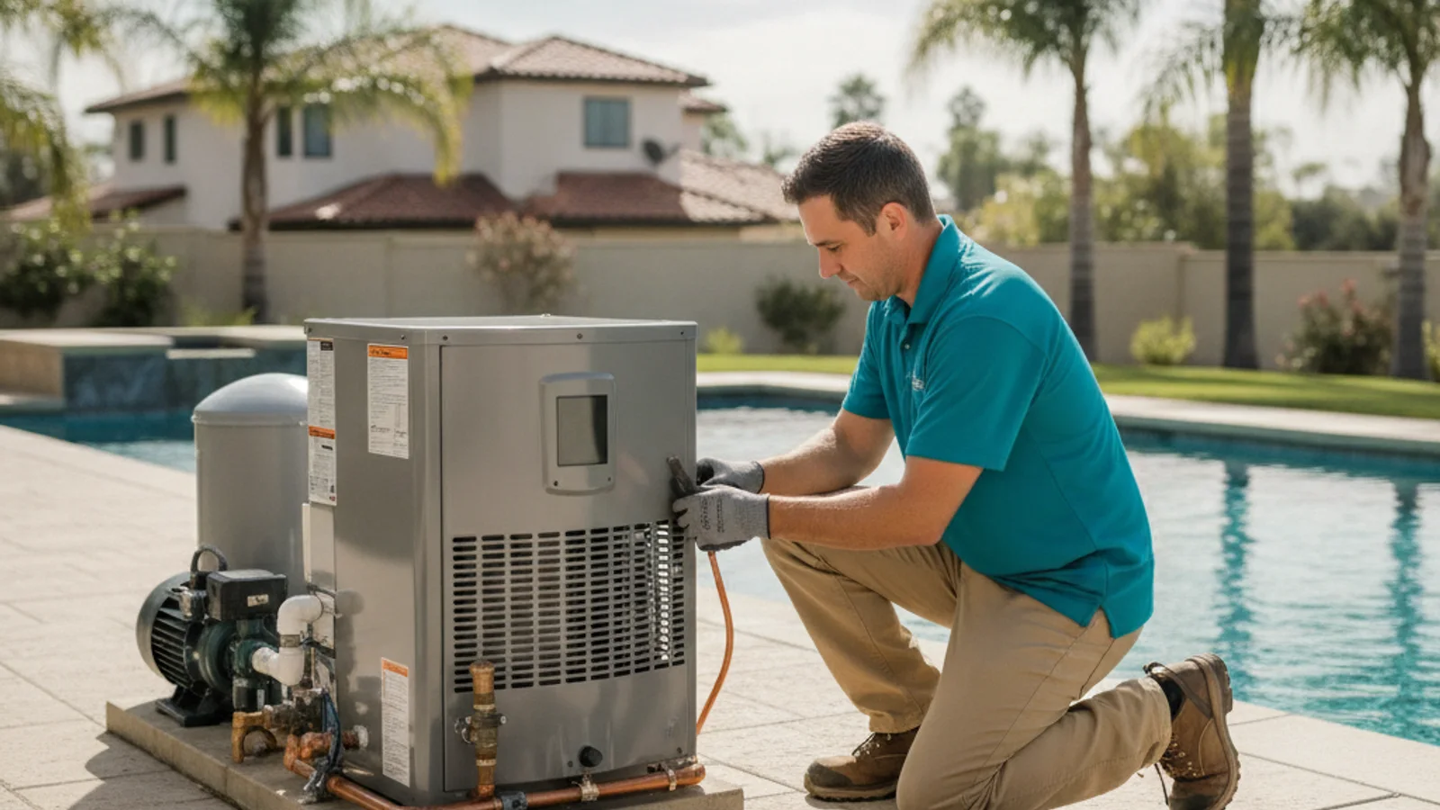A pool repair technician installing a new heat pump pool heater on a concrete equipment pad in a San Diego backyard, with pool plumbing and electrical conduit visible nearby