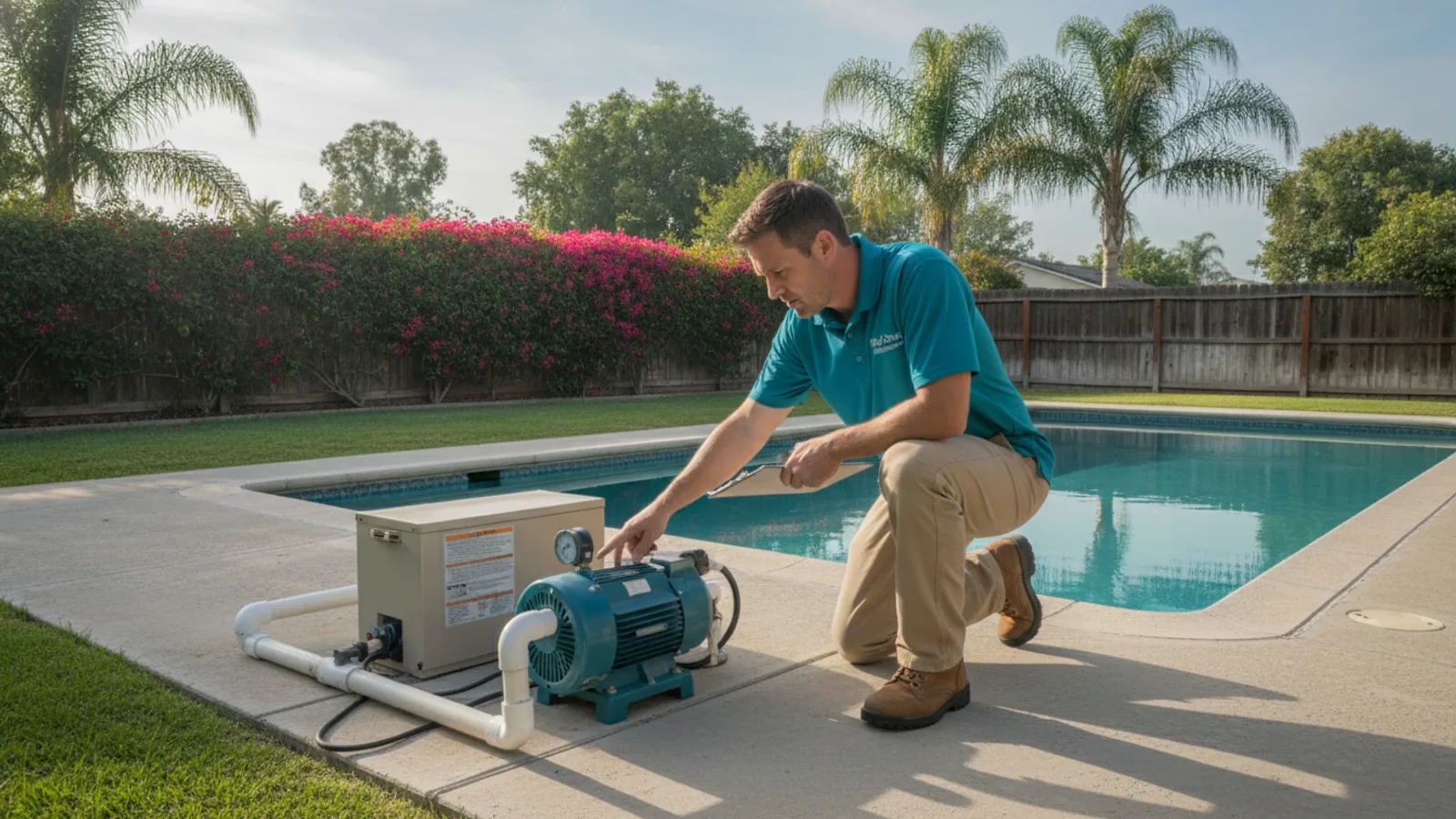 A pool specialist inspecting the equipment pad of a San Diego backyard pool, checking the pump and heater with a clipboard in hand