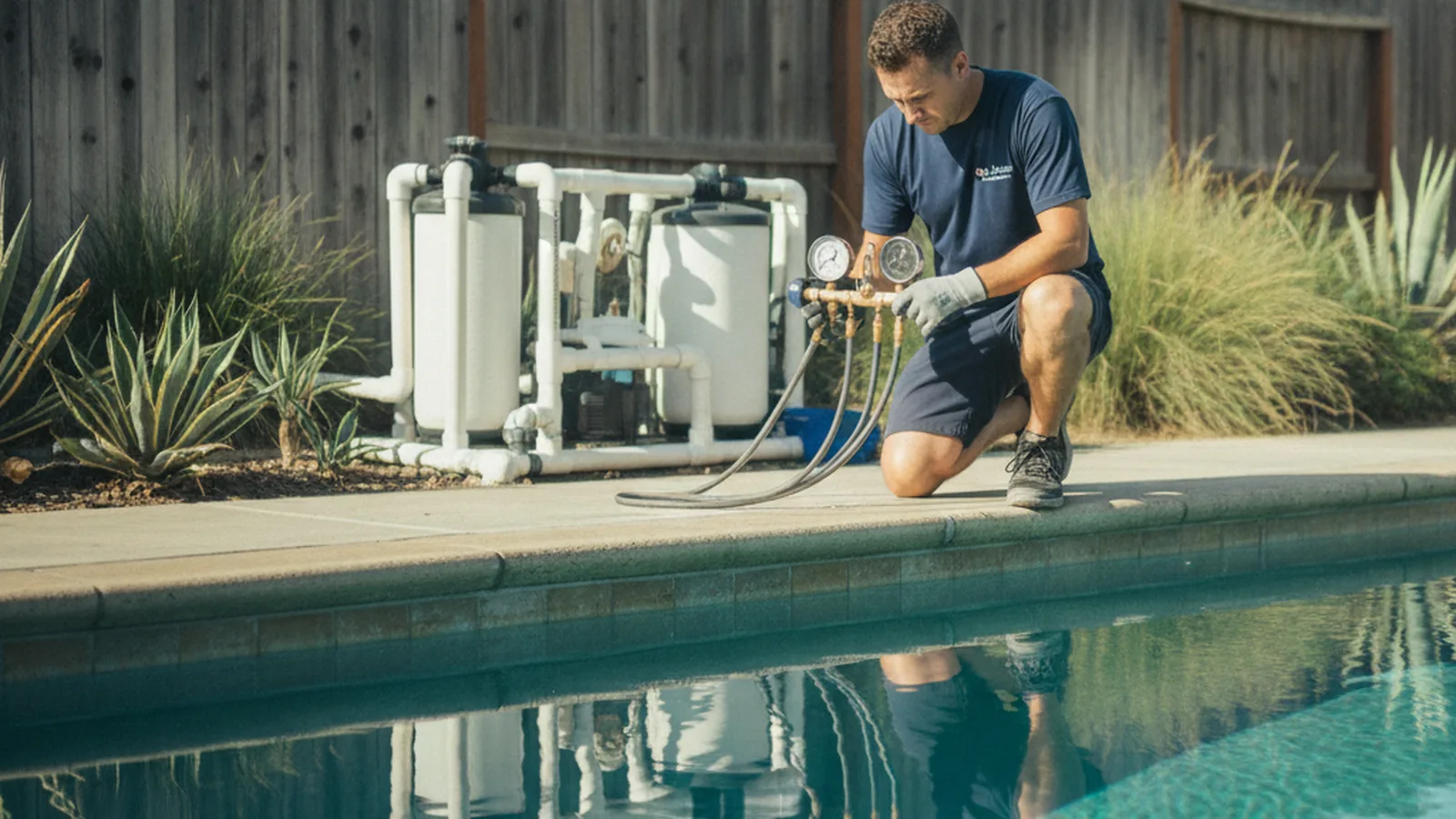 A pool repair technician kneeling at the edge of a San Diego backyard pool running a pressure test on the plumbing lines with a gauge manifold, looking for a leak