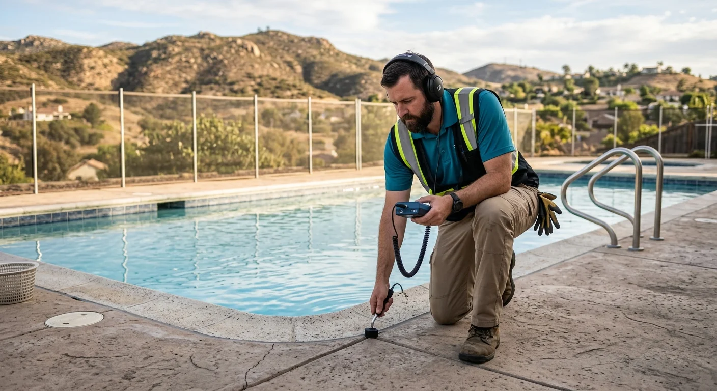 Specialist with listening gear on an El Cajon pool deck, inland hills in afternoon light