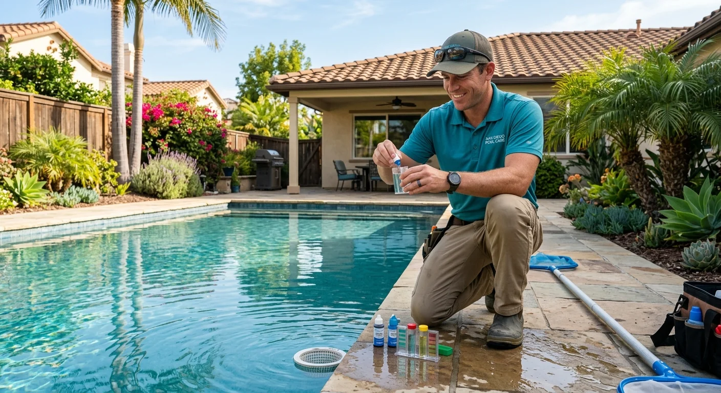 Pool service technician testing water chemistry beside a San Diego pool