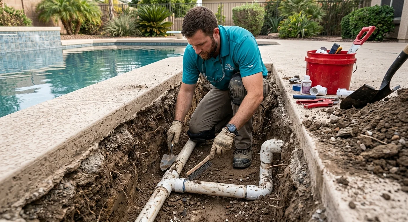 Narrow trench beside a pool deck exposing buried PVC plumbing