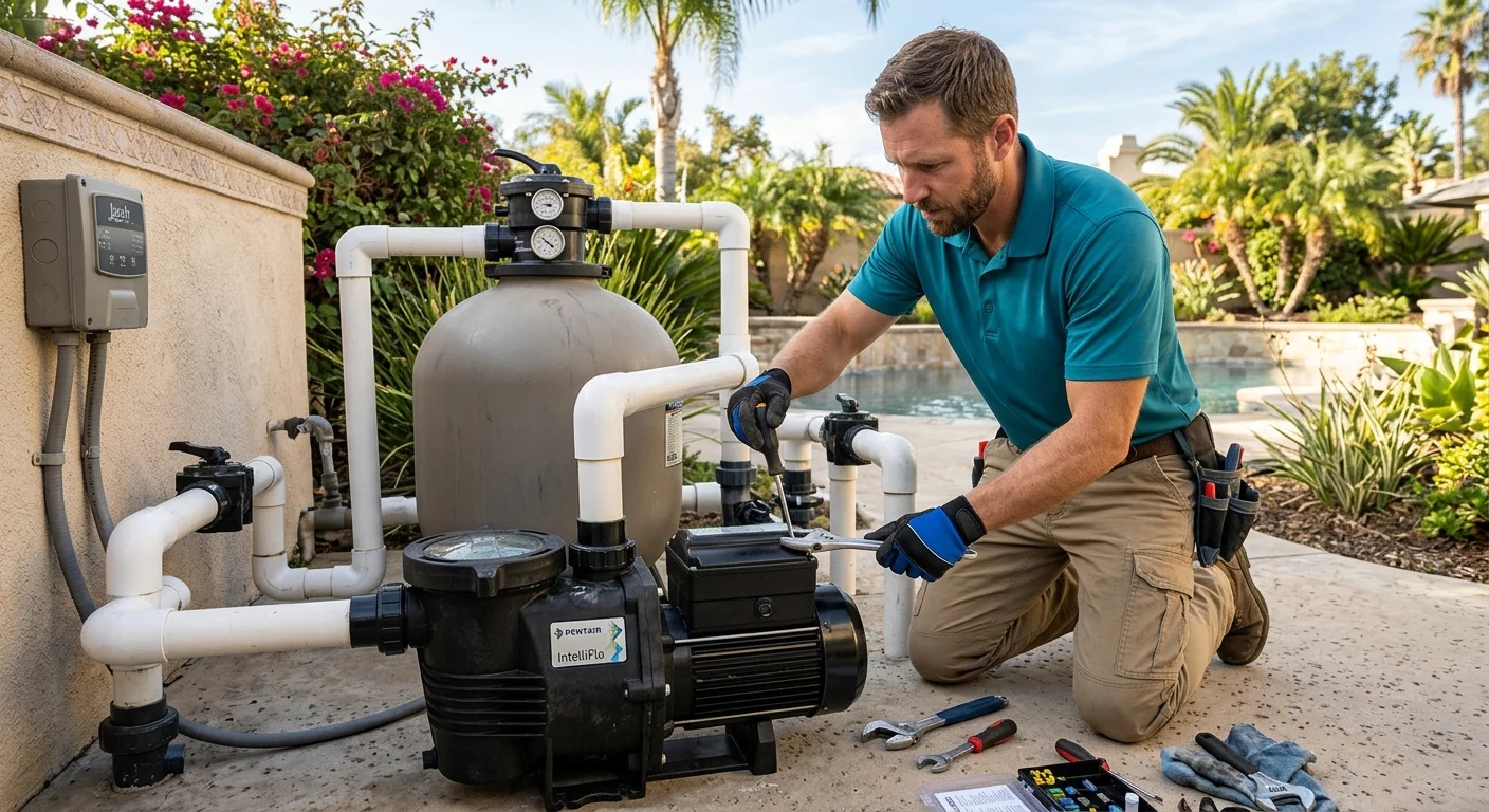 Pool pump motor housing in the foreground on a San Diego equipment pad