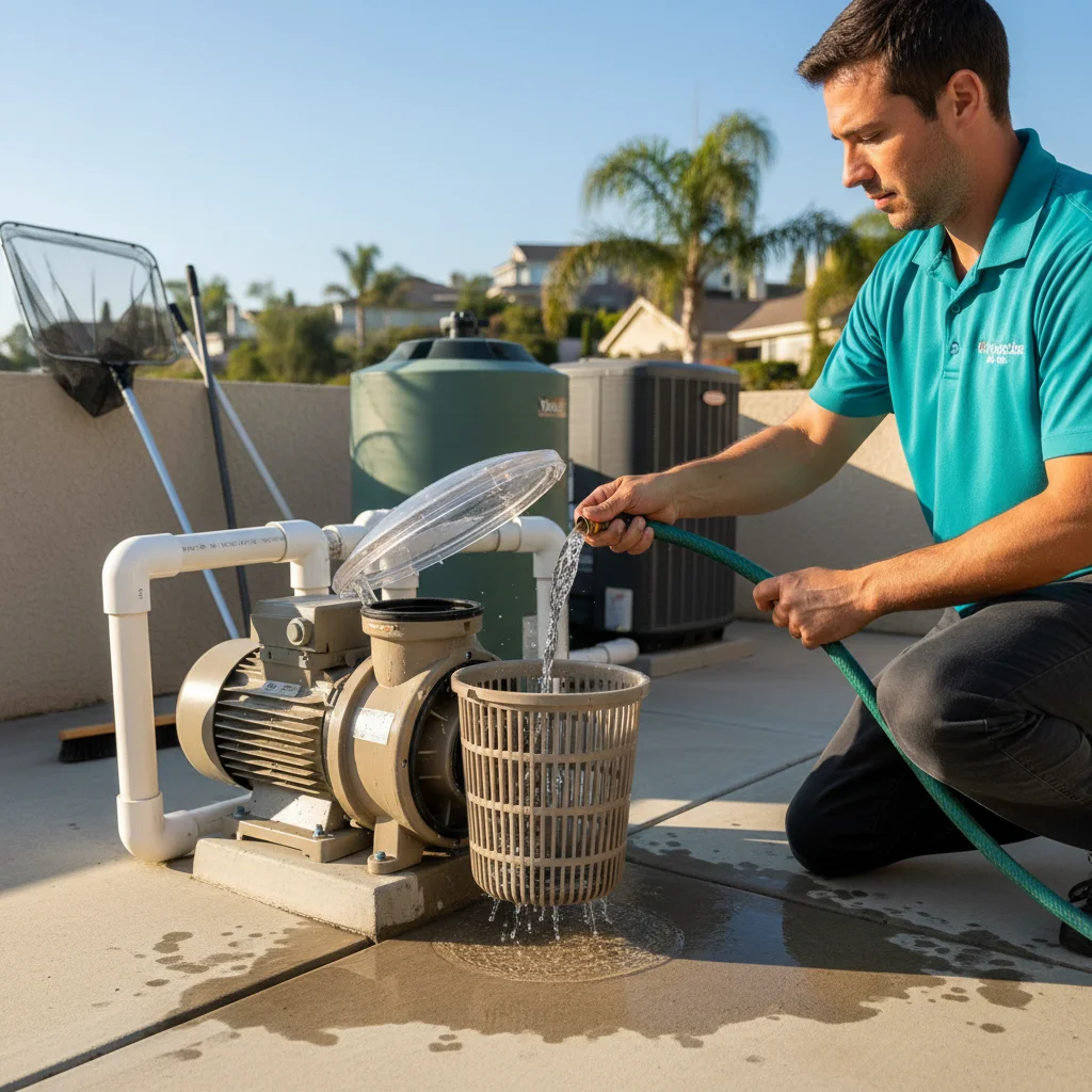 A San Diego pool equipment pad with a silent pool pump and an open electrical timer box being checked