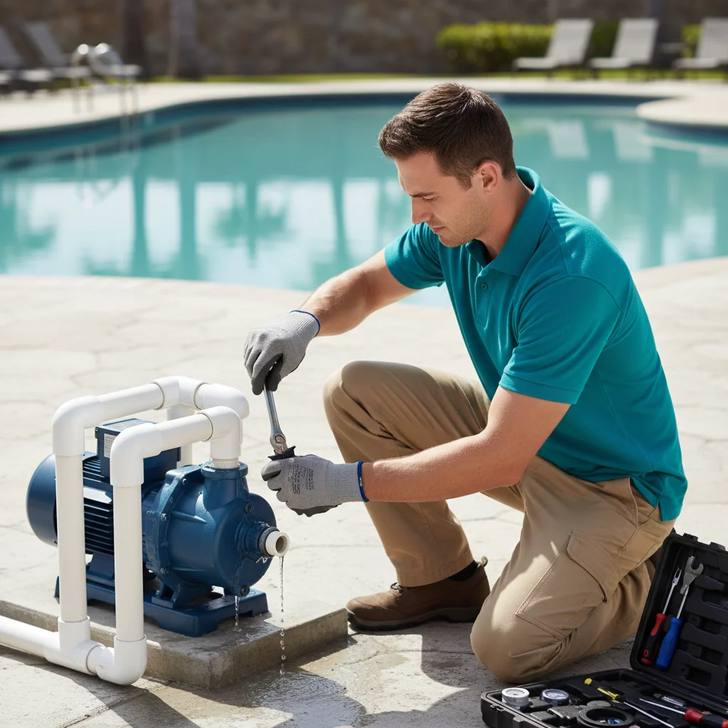 A San Diego pool technician comparing a failed old pool pump motor next to a new replacement pump at an open equipment pad