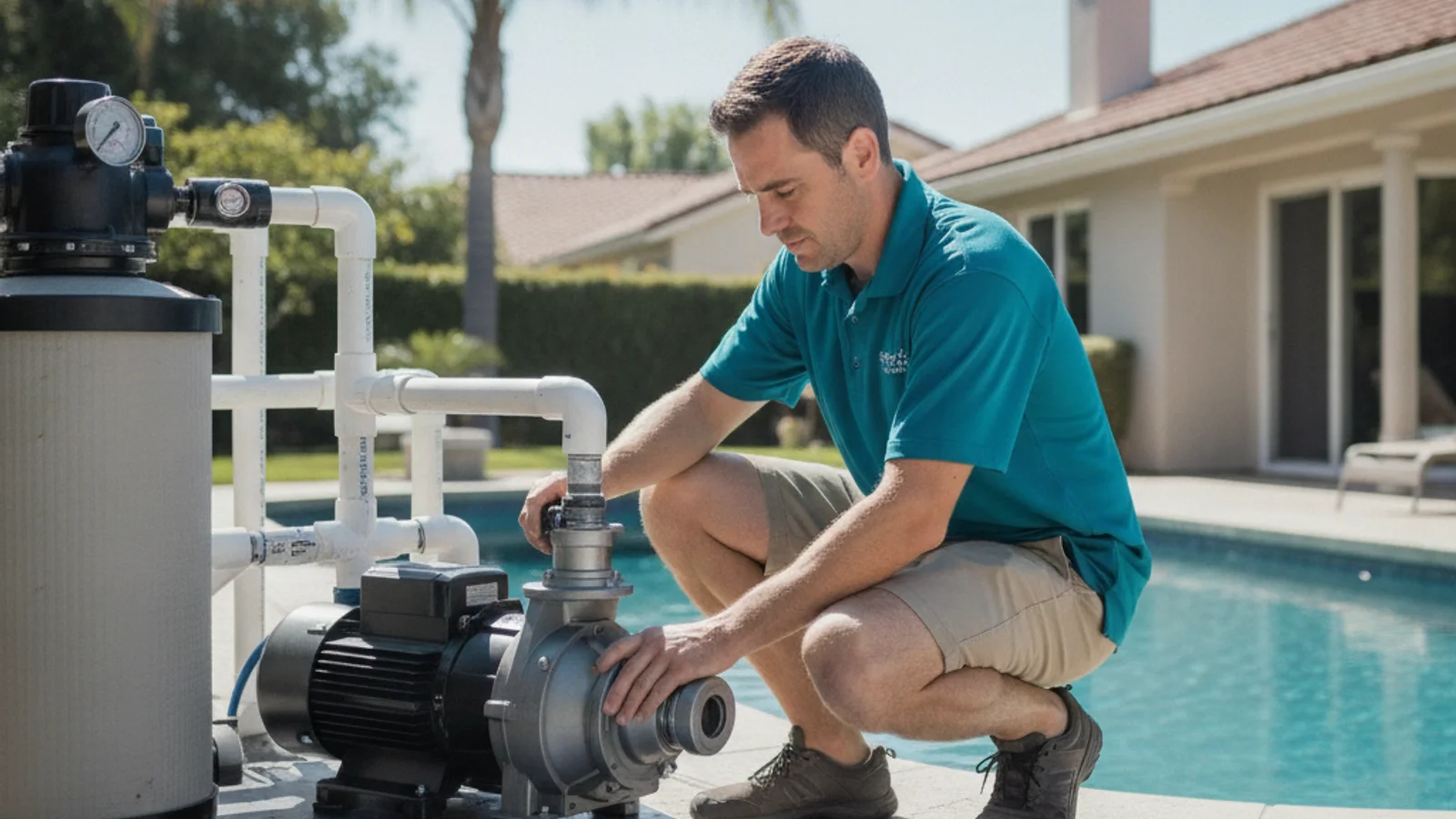 A pool repair technician kneeling beside an open pool equipment pad in a San Diego backyard, installing a new variable-speed pool pump next to the filter and plumbing lines