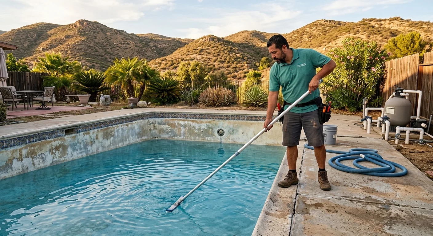 Older El Cajon backyard pool with worn plaster and dated waterline tile, inland hills in late-afternoon light