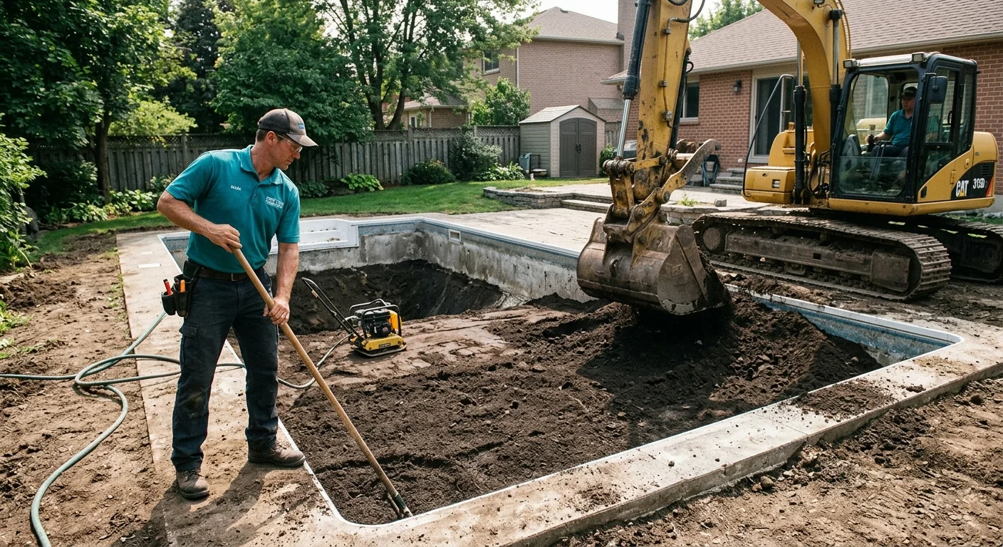 Excavator beside a backyard swimming pool prepared for fill work