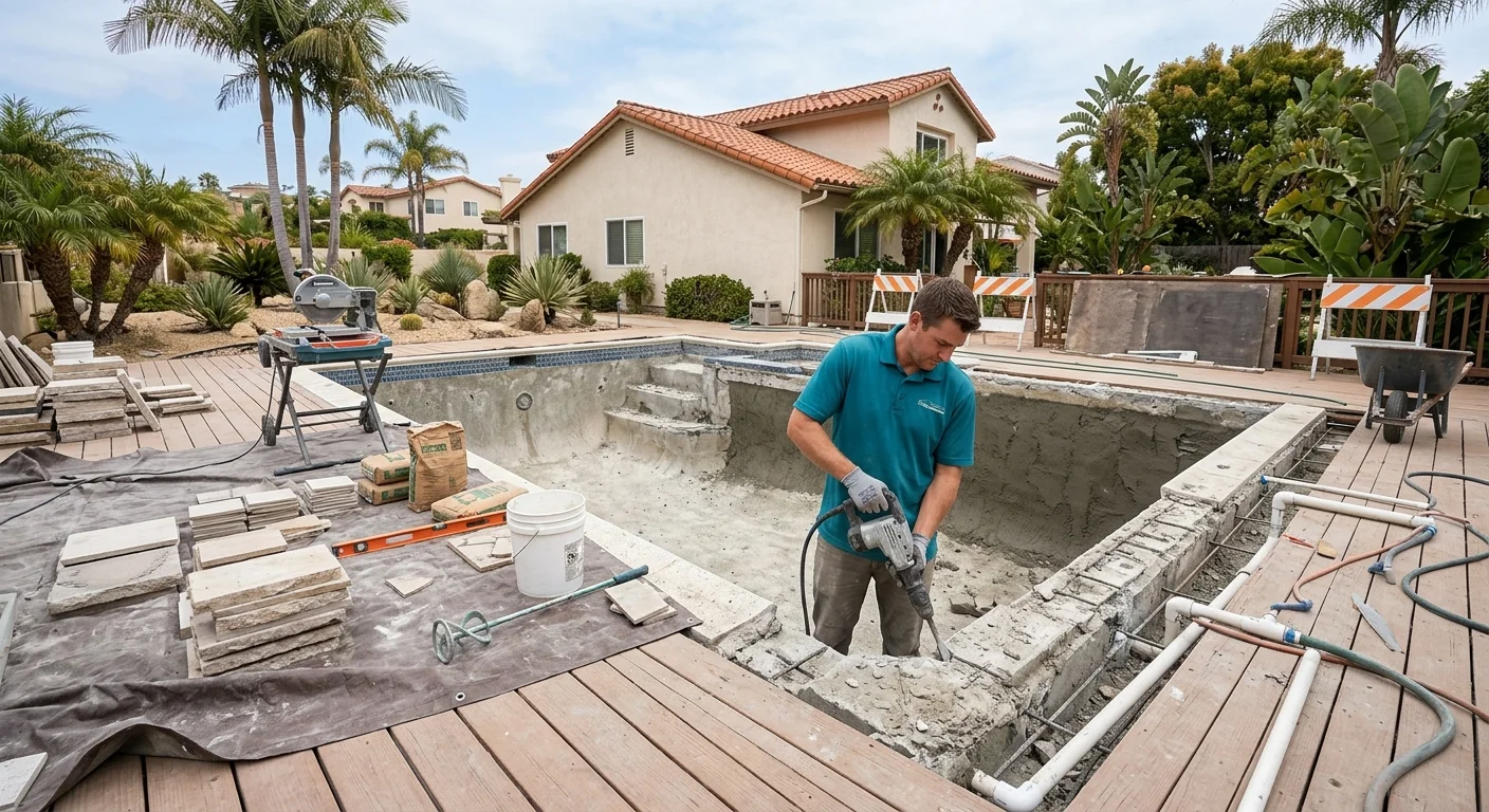 Backyard pool renovation underway at a San Diego home