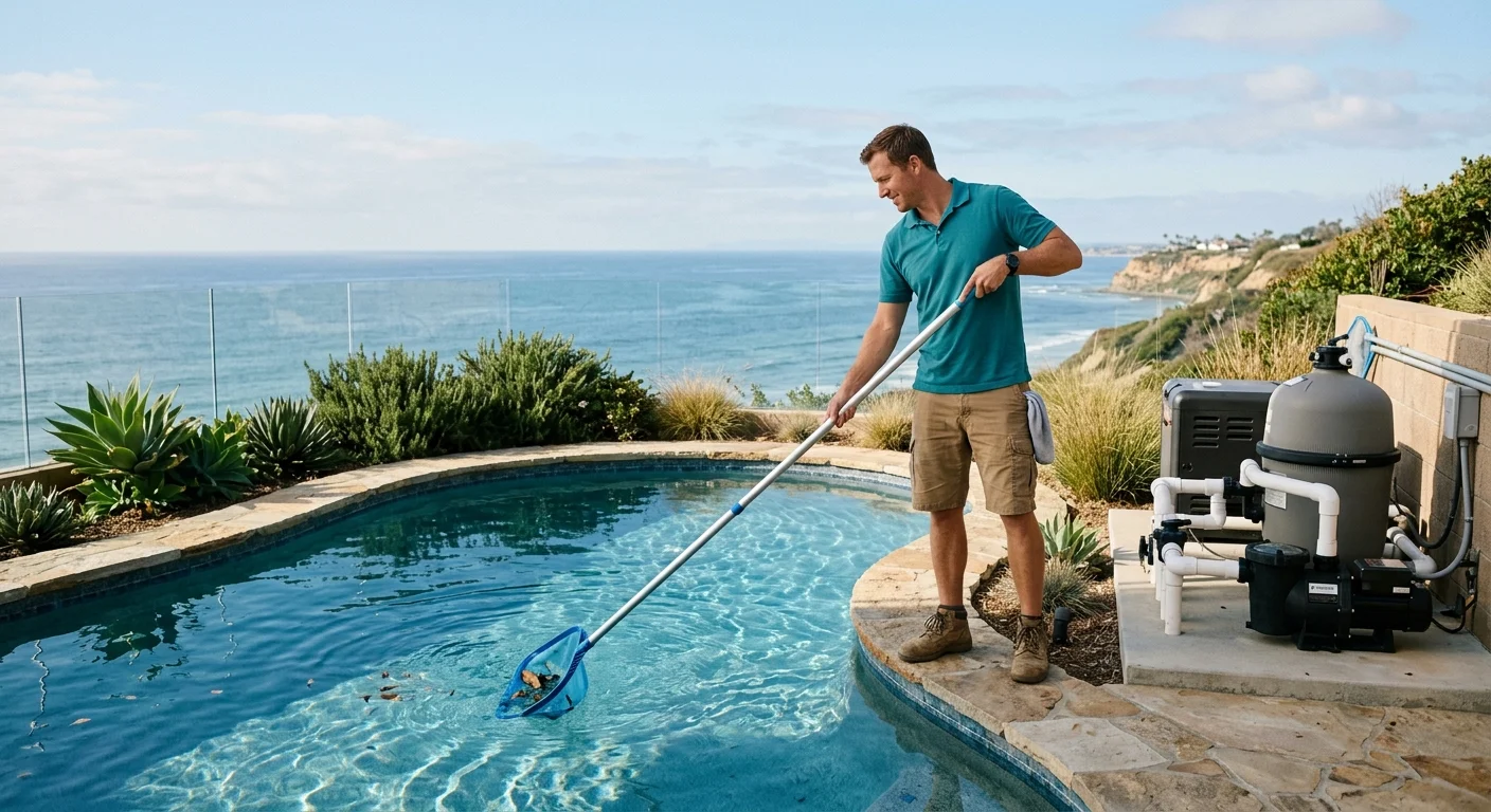 Bluff-side Encinitas backyard pool with a visible equipment pad in coastal light