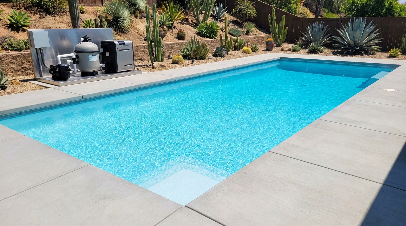 A completely restored San Diego pool with fresh plaster, clean equipment, and bright blue water, ready for use