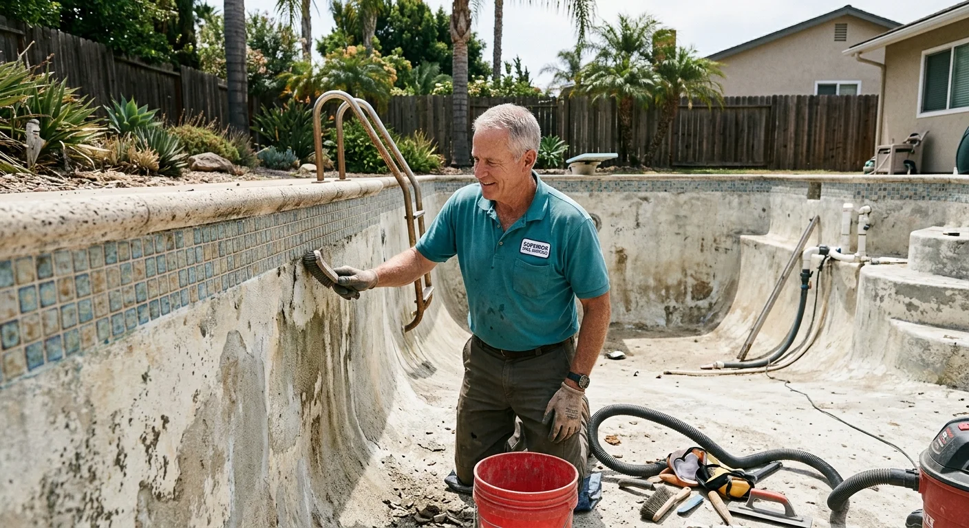 Older San Diego backyard pool with worn plaster and dated tile prepared for restoration