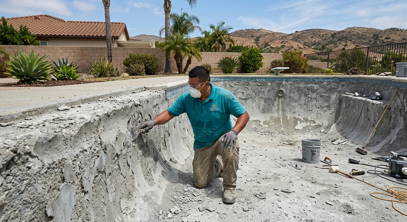 Drained Chula Vista backyard pool with chipped plaster during resurfacing and South Bay hills beyond