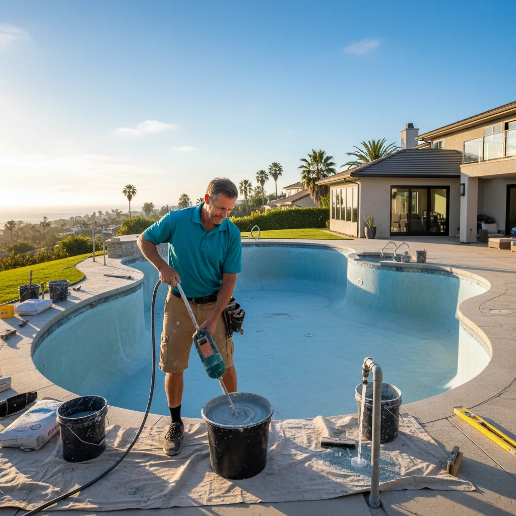 A San Diego backyard pool mid-resurfacing, drained and prepped with a fresh pebble finish being troweled onto the shell by a technician