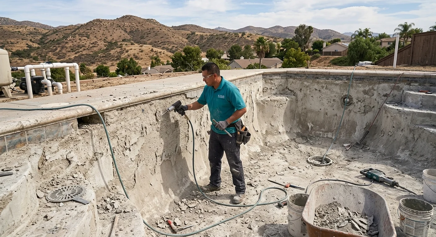Drained El Cajon pool with chipped plaster during resurfacing