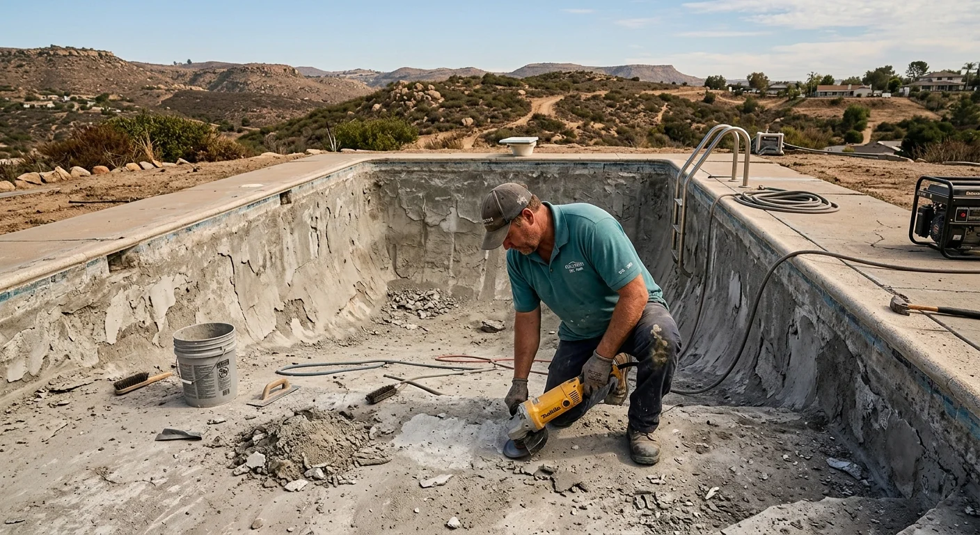 Drained La Mesa backyard pool mid-resurfacing with chipped plaster and East County hills