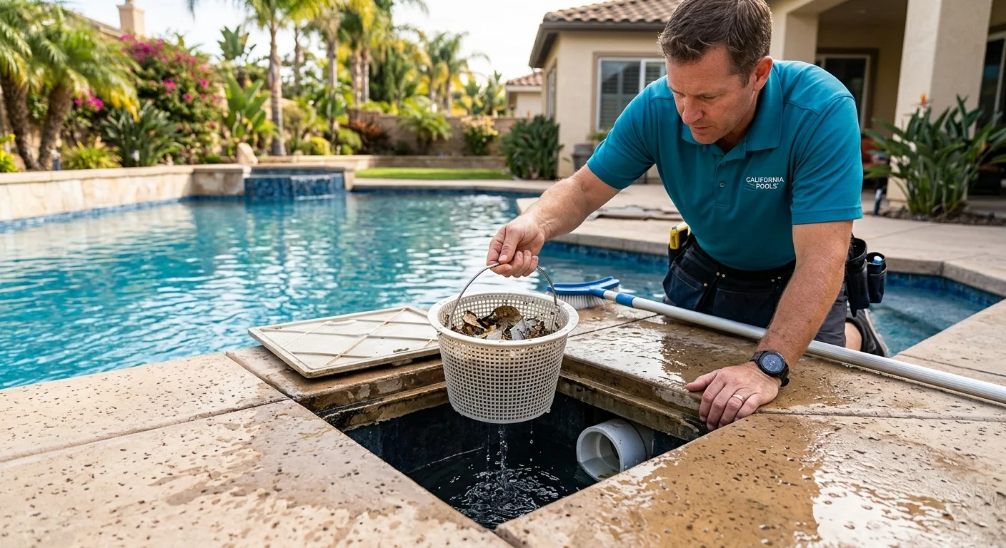 Open pool skimmer with its basket visible beside a concrete deck