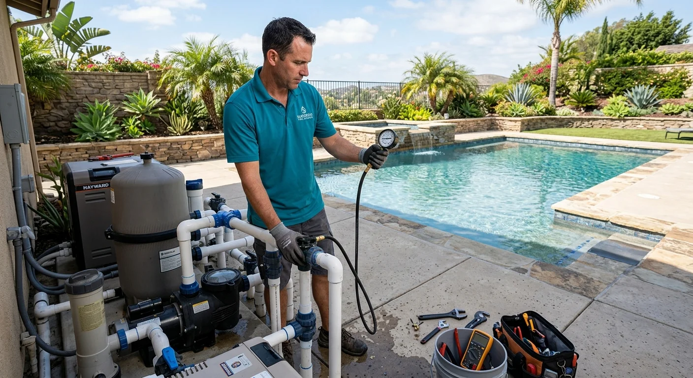 Pool technician pressure testing plumbing at a San Diego equipment pad