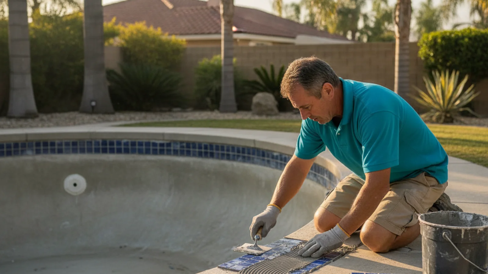 A pool tile technician kneeling at the edge of a drained San Diego pool, resetting blue waterline tile along the bond beam with fresh thinset