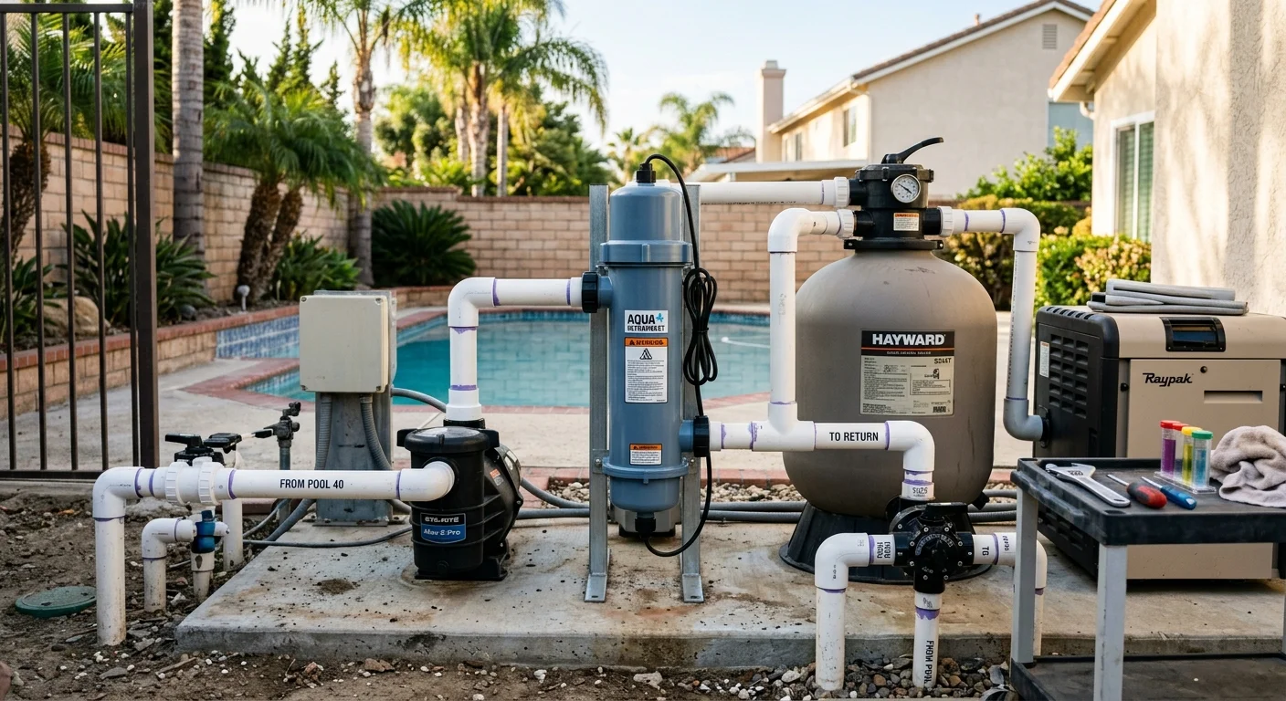UV sanitizer housing on a San Diego pool pad beside a pump and filter